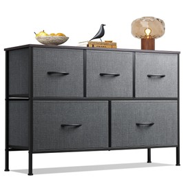 WLIVE Dresser for Bedroom with 5 Drawers, Long Storage Dresser, Fabric Dresser, Storage Drawer Unit with Fabric Bins for Closet, Hallway, Dark Grey, Size L