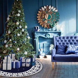 Christmas Tree Skirt 30 inches,Blue Christmas Rustic Tree Skirt Mat with Elk Deer and White Snowflake Printed for Holiday Party Xmas Tree Decoration (Blue, 30in)