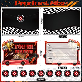 QAMEGX Car Birthday Invitations- Car Racing Birthday Party Invitations for Boys, Car Theme Greeting Card with Flag, Red Race Birthday Party Invitations with Sticker Labels 20 Envelope Gifts for Girls