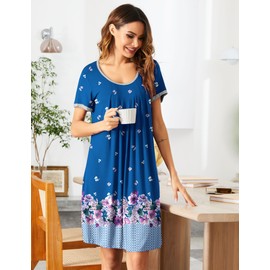 Ekouaer House Dresses for Women Moomoo Nightgowns Short Sleeve Mumu Dress Pleated Night Gowns Lounge Dress Blue Purple Flower XL