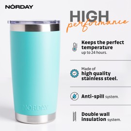 NORDAY | Stainless Steel Cups – Tumblers | 20oz Aqua Thermal Tumbler | Maintains Temperature Between 8 and 24 Hours | Anti-Spill Lid - Ideal For Trips | Double Wall - Extra Resistant