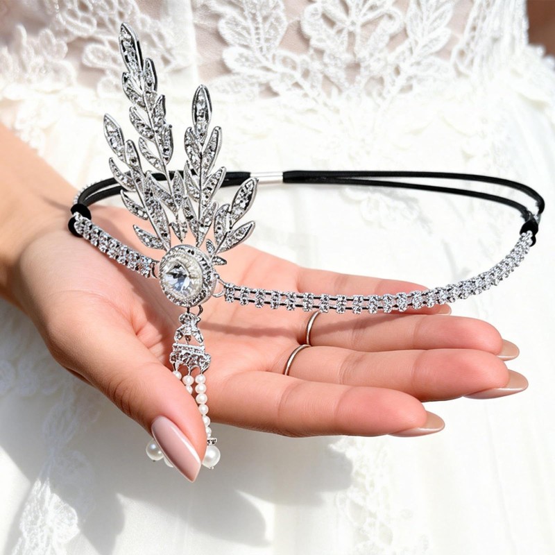 1920s Flapper Headband Silver Rhinestone Leaf Headpiece with Pearl Tassel