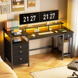 Furologee 60" Black Computer Desk with 4 Drawers and Printer Space, Gaming Desk with LED Lights and USB Power Outlets, Home Office Desk with Fabric File Cabinet,Study Work Table with Shelf for Bedroom