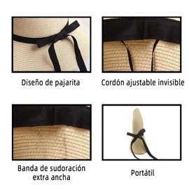 PKDEF Sombrero para Sol Mujer, Sombrero de Paja de ala Ancha Plegable, Sombrero de Paja Suave Enrollable UPF Ajustable para Verano, Viajes al Aire Libre, Playa, protección Solar