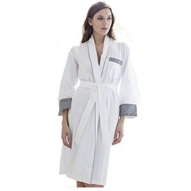 Cottonreal Dressing Gown Shadow Stripe White with Black Trim Kimono - Wrap - Dressing Gown (L)