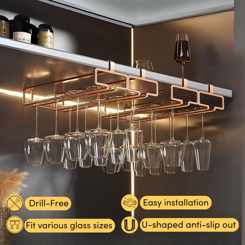 LINFIDITE 2 Pack Under Cabinet Wine Glass Rack Rose Gold
