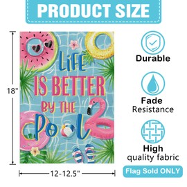 Dyrenson Summer Life is Better by The Pool Decorative Garden Flag, Flamingo Swim Rings Tropical Palm Leaves Yard Outside Home Decoration, Flip Flops Ball Outdoor Small Decor Double Sided 12 x 18