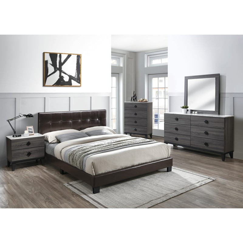 Poundex Twin Faux Leather Upholstered Bed, Brown