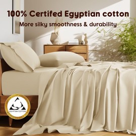 Shilucheng 100% Cotton Queen Size Sheets Set - 1500 Thread Count，Luxury Egyptian Cotton Bed Sheets，5-Star Hotel Quality Sheets, Breathable & Cooling, 16 Inch Deep Pocket - 4 Piece (Biege)