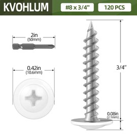 #8 x 3/4" (120 PCS) Modified Truss Head Wood Screws, Phillips Drive Quick Metal Self Tapping Screws, White Head, Full Thread, Screwdriver Bit Included