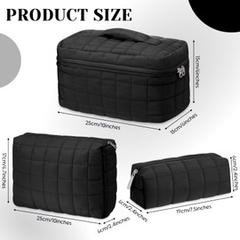 Huhumy 3 Pcs Large Puffy Makeup Bag Set Quilted Cosmetic Pouch for Women Cute Checkered Travel Toiletry Bag Puffer Makeup Organizer Purse Pouch Preppy Pencil Case with Zipper(Black)