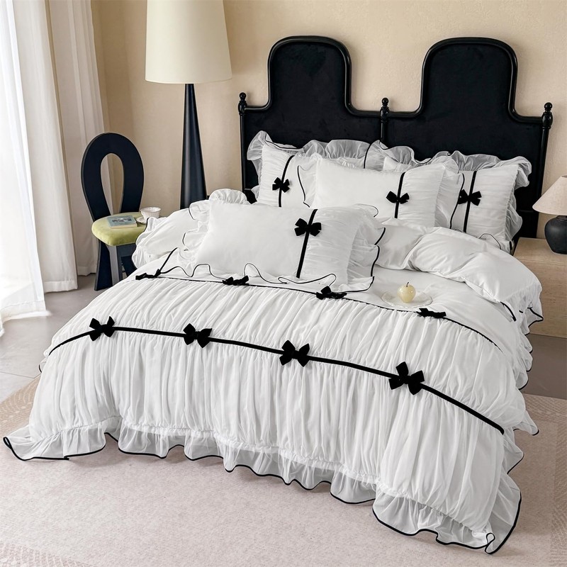 Ruffle Beddding Set with Bowtie,Chic Lace Bedding,Girls Twin Aesthetic Comforter