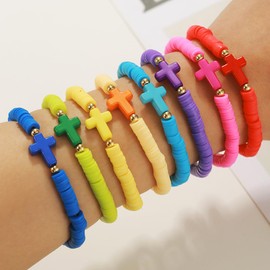 Behrooci Friendship Bracelets Boho Stackable Bracelets for Women Surfer Heishi Clay Bead Stretch Preppy Colorful Bracelets for Women (Colorful Cross)