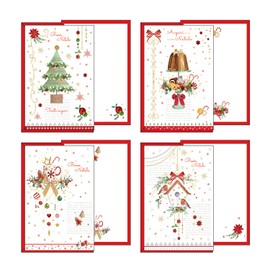 Set of 12 Christmas Cards in 4 Designs Size 12 x 18 cm with Gold and Embossed Embellishments Made from High Quality Card Made in Italy