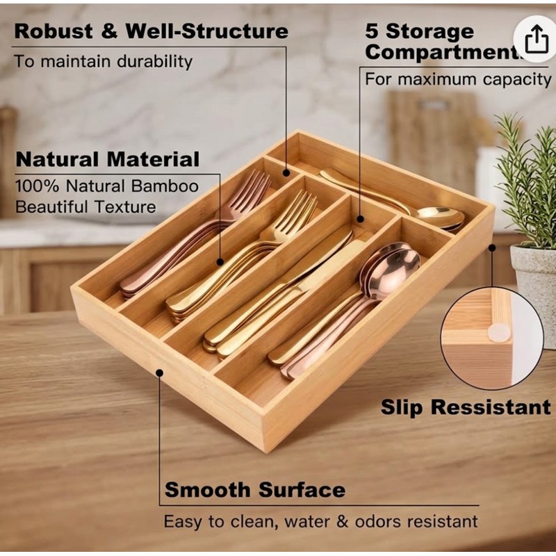 Bamboo Cutlery Drawer Organizer for Tableware – Natural Bamboo Storage