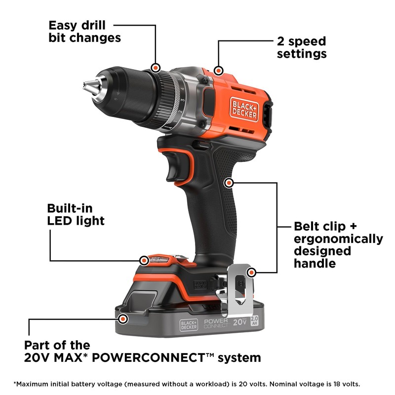 BLACK+DECKER 20V MAX POWERCONNECT Cordless Drill Driver with Battery and