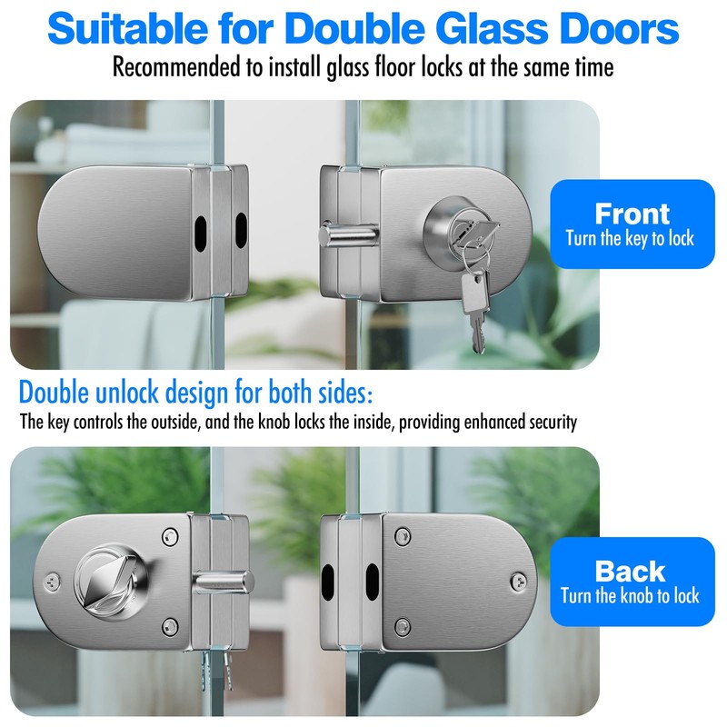 Ranbo Frameless Double-Sided Glass Door Lock, No-Drill,304 Stainless Steel, Suitable