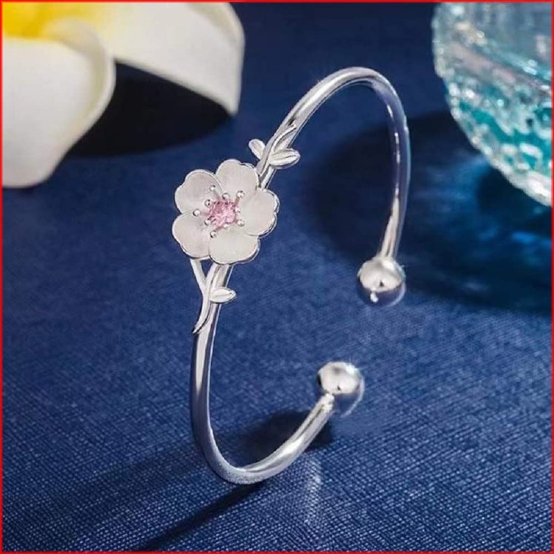 Ganquya Sterling Silver Plated Pink CZ Cherry Blossoms Flower Women