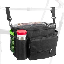 Large Walker Bag with Water Cup Holder,Walker Basket,Foldable Walker Storage Bag,Side Walker Bag,Walker Side Access Bag Organizer Pouch Tote,Scooters or Rollator Walkers (Black)