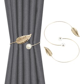 Yetaha 1Pair Curtain Tiebacks, Metal TieBacks with Leaves and Pearl Curtain Holdbacks Adjustable Curtain Straps Curtain Clips for Home Bedroom Window Decoration, Golden