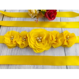 Pearl Sash for Flower Girl Dress Bridal Wedding Bridesmaid Dress Sash Belt Floral Sash Belt for Women, Yellow, 88''x1''