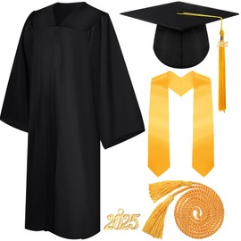 Syhood 4 Pieces 2025 Unisex Graduation Matte Gown Cap Tassel Stole Set Honor Cord for Graduation(Size 51,Black, Gold)