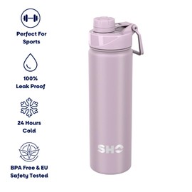 SHO Stainless Steel Sports Bottle - Leak Proof, BPA Free, No Sweat, Vacuum Insulated Double Walled Metal Flask Water Bottle - 12 Hours Hot 24 Hours Cold (660ml Pale Lavender)