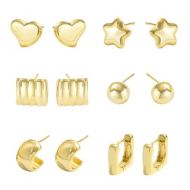 6 pares de aretes de oro de 14 quilates para mujer, ligeros, gruesos, multipaquete, hipoalergénicos, juego de aretes para regalo