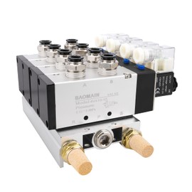 Baomain 4 Space Pneumatic Solenoid Valve DC12V PT1/2 5 Way 2 Position Manifold with Base Muffler Quick Fittings Set 4V410-15