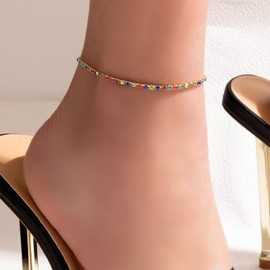Inateannal Coloured Crystal Anklet Boho Cubic Zirconia Ankle Bracelet Petite Beach Foot Chain Jewellery for Women and Girls