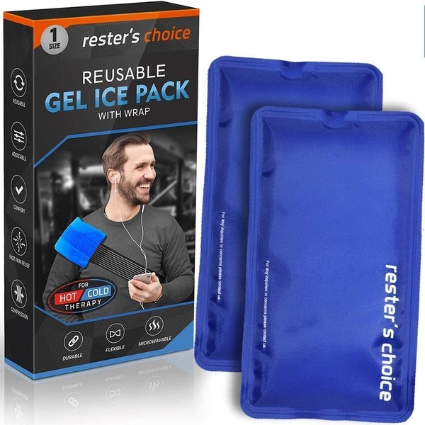 Rester's Choice Gel Cold & Hot Packs (2 Ice Packs) 5x10 in with 1 Adjustable Wrap. Reusable Warm or Ice Packs for Injuries, Hip, Shoulder, Knee, Back Pain
