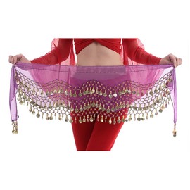 Hee Grand 3 Rows Belly Dancing Dance Hip Scarf Skirt Belt With 128 Coins Dark Purple