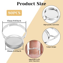 80PCS Adjustable Ring Base Blanks for Jewelry Making Blank Tray Ring Blank Ring Tray Bulk Adjustable Finger Ring Blank Bases for DIY Ring Making (Silver, 12mm)