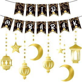 Eid Mubarak Decoration, Eid Mubarak Banner, Gold Hanging Swirl Streams Decoration, Star Moon Ramadan Decorations, Eid Garland Streamer for Eid Festival Party Decoration