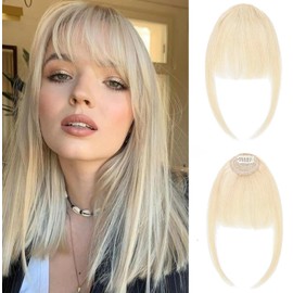 ORIGEN Clip in Bangs Real Human Hair Clip on Wispy Bangs Fringe with Temples Hairpieces Fake Front Bangs Extensions for Women Ice Blonde Color