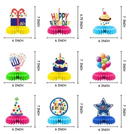 9Pcs Colorful Happy Birthday Honeycomb Centerpiece, Rainbow Honeycomb Balls Centerpieces for Table Decorations, Birthday Themed Honeycomb Centerpiece Decorations Set for Kids' Birthday Party Supplies
