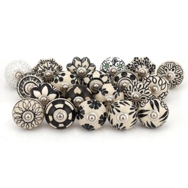 ATCUSA Indian Handmade Assorted Black and White Ceramic Door Knobs and Pulls | Kitchen Cabinet Knobs for Dresser Drawers | Black Drawer Pulls | Almirah knobs | Vanity knobs (6)