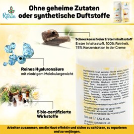 Size 100 ml Organic 75% Snail Slime Cream with Hyaluronic Acid Ritalia® Moisturising Face Cream for Women/Men - Organic Anti-Age/Wrinkles/Scars/Stains Ingredients