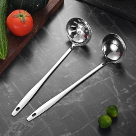 Set of 2 Soup Ladles and Slotted Spoons Stainless Steel Ladle Stainless Steel Soup Ladle Skimmer Ladle Small for Hotels, Homes, Restaurants, Kitchens, Silver (31 cm)