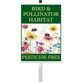 vfsxcmi Bird and Pollinator Habitat Pesticide Free Yard Sign With Stakes 8X12 inches Rustproof Reflective Aluminum Pollinator Friendly Garden Sign Stand Bee Outdoor Decor