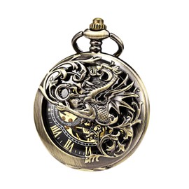 TREEWETO Mens Mechanical Pocket Watch Antique Dream Dragon Skeleton Bronze Double Open Case Gift for Men Women