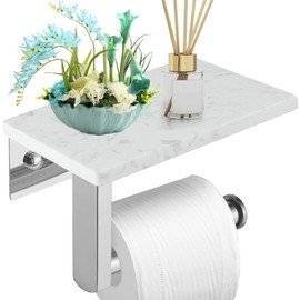 BATHLAVISH Toilet Paper Holder with Marble Shelf, 304 Stainless Steel Tissue Hand Holder Wall Mounted Toilet Paper Roll Hold with Phone Shelf for Bathroom Kitchen Washroom Bedroom, Chrome
