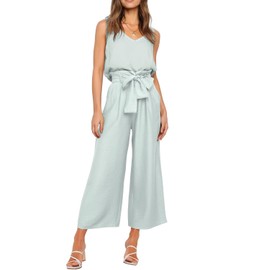 FANCYINN Womens 2 Piece Crop Pants Set V Neck Tank Wide Strap Tops High Waisted Cropped Paper Bag Pants with Belt Bright Blue Top & Wide Leg Pants L