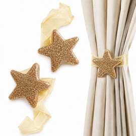 Heavy Duty Magnetic Curtain Tiebacks - 2 Pcs Stars with Organza Ribbon for Bedroom, Living Room and Kitchen (2 GLITTERATED STARS CHAMPAGNE GOLD)
