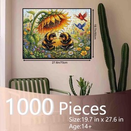 Cute Bee Puzzle 1000 Piece for Adults Bumble Bees with Sunflower and Honey Jigsaw Puzzle Floral Garden Birds Nature Puzzles 19.7 x 27.6 Inches Fun Challenge Family Activity Game Gift Home Wall Decor