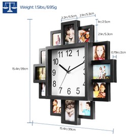 KOCASO Photo Frame Clock Picture Collage 12-Picture Display DIY Wall Clock Photowall Wall Hanging Home Decor- Make Your Own Multi-Photo Clock-US Spot