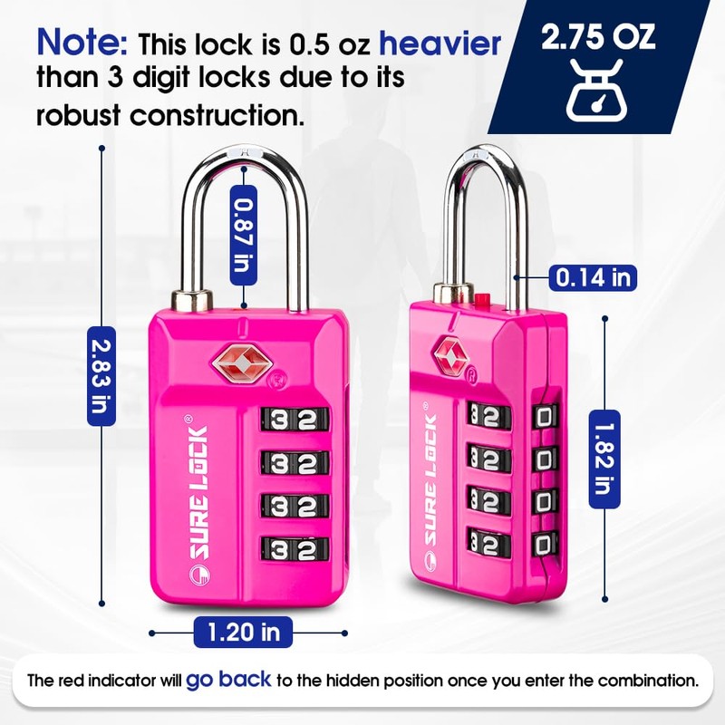 SURE LOCK TSA Approved 4-Digit Resettable Combination Luggage Locks with