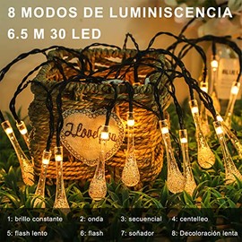 Luces de Burbuja de Gota de Agua Solares，Cuerdas de Luz Solar Exterior，6.5m, 30LED, 8 Tipos de Modos de Luz, Adecuado para Festivales, Fiestas, Navidad, Jardín, Decoración de Balcones, etc.