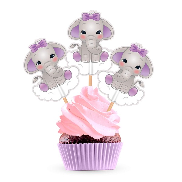 Decoración para cupcakes con elefante morado, color lila y lavanda para fiestas de cumpleaños, 25 unidades