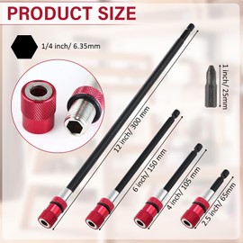 Therwen 8 Pcs Drill Bit Extension Set 12'' 6'' 4'' 2.5'' Magnetic Drill Extension Bit Holder Drill Bit Extender 1/4 Inch Hex Bit Holder with 8 Bits Adjustable Depth Screwdriver for Impact Driver